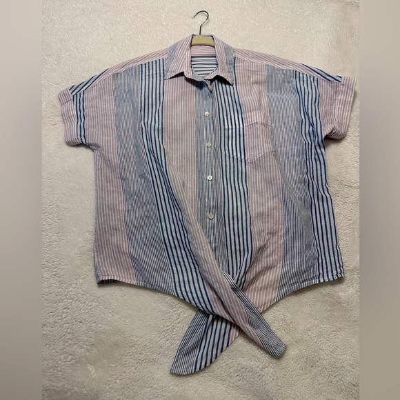 Madewell Short-Sleeve Tie-Front Shirt in Rawley Stripe Tulum Blue Sz XS - Picture 2 of 7